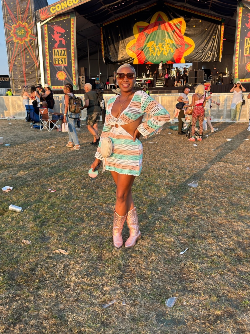 Crochet Mini Dress with Cutouts - Pastel Stripe
